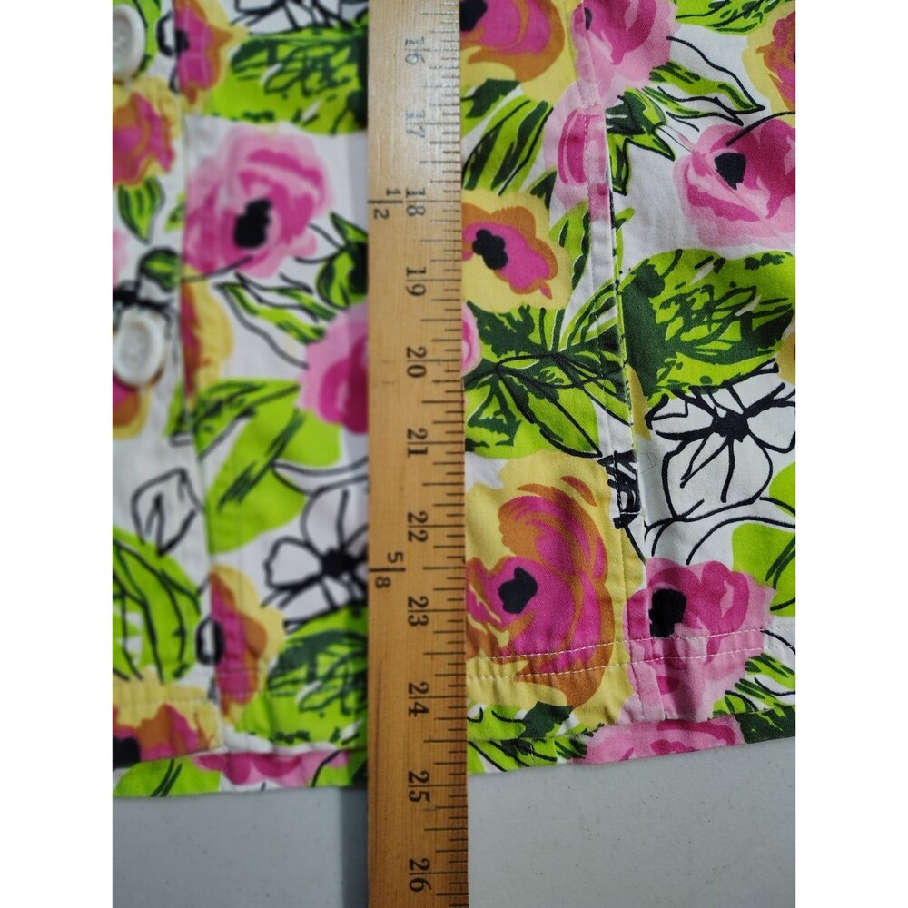 Keren Hart Floral Shacket Shirt Jacket Pockets Size L (Est) Pink Green Stripe - Picture 8 of 13